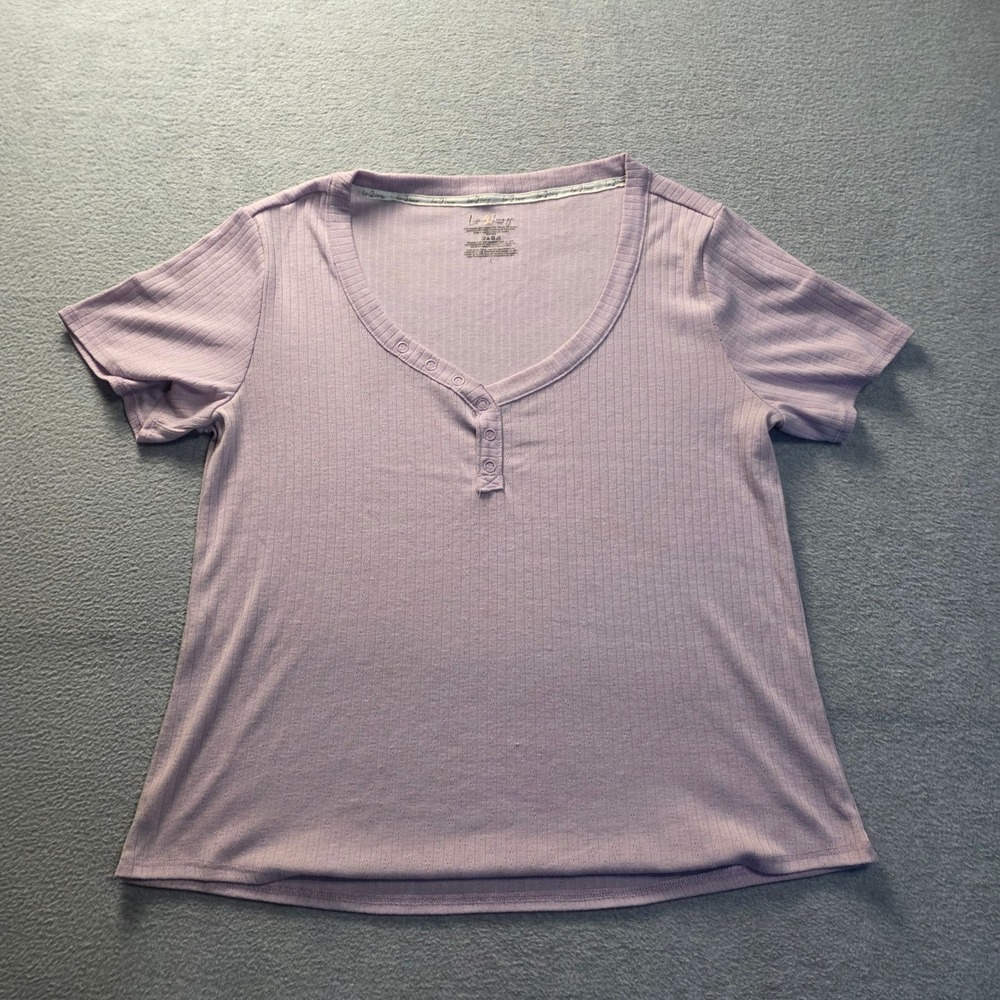 Ribbed Henley V Neck Women Large Lavender Stretch Short Sleeve Tee Live 2 Lounge